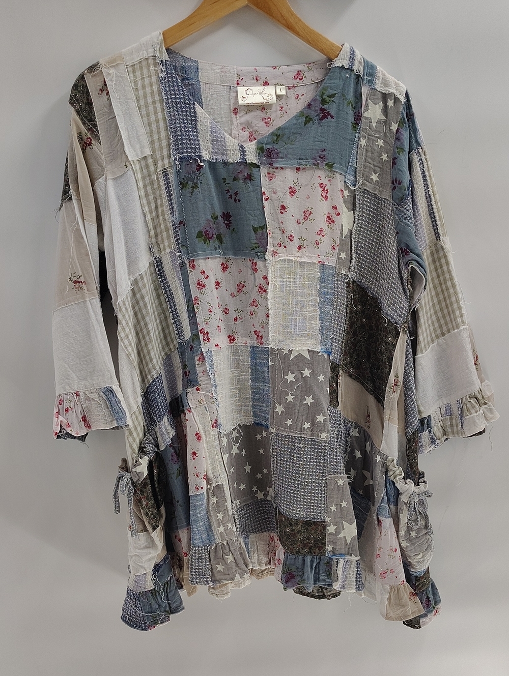 Paper Lace Patchwork Boho Lagenlook Blue Tan 100% Cotton